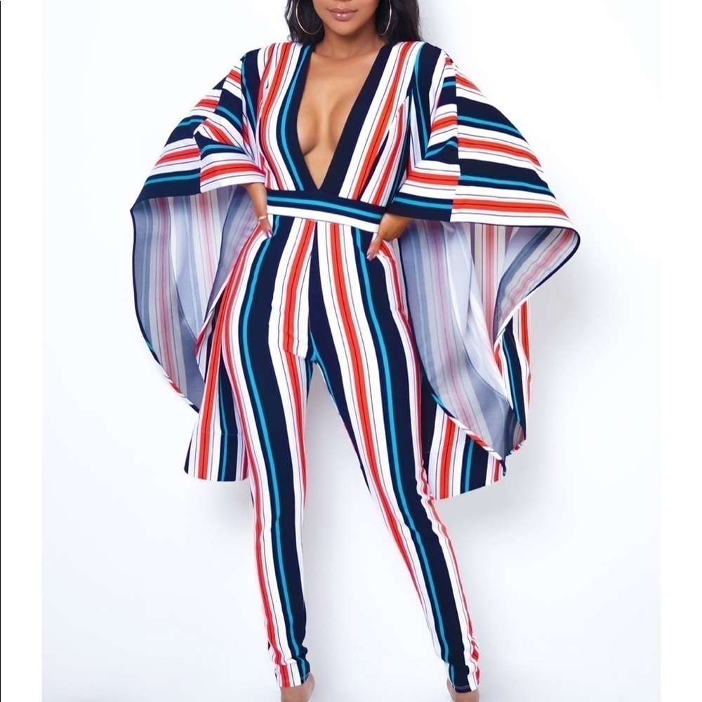 Monoco Stripe Jumpsuit with Wing Sleeves
